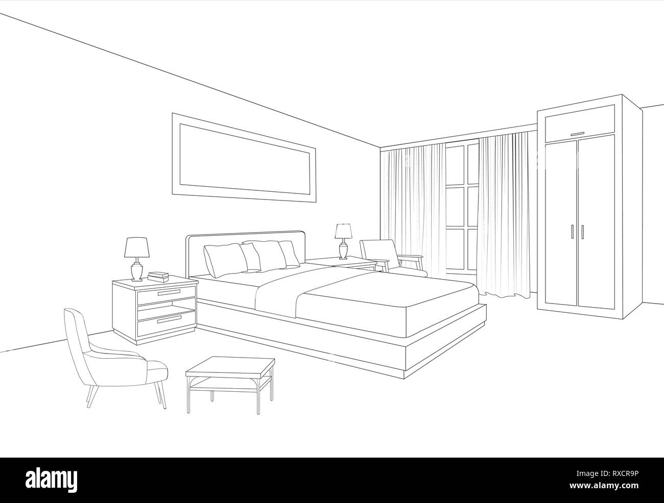 Bedroom Furniture Interior Room Line Sketch Drawing Home