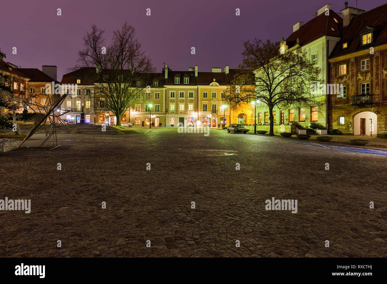 New Town Market Square and tenement houses at night in city of Warsaw in Poland. Stock Photo
