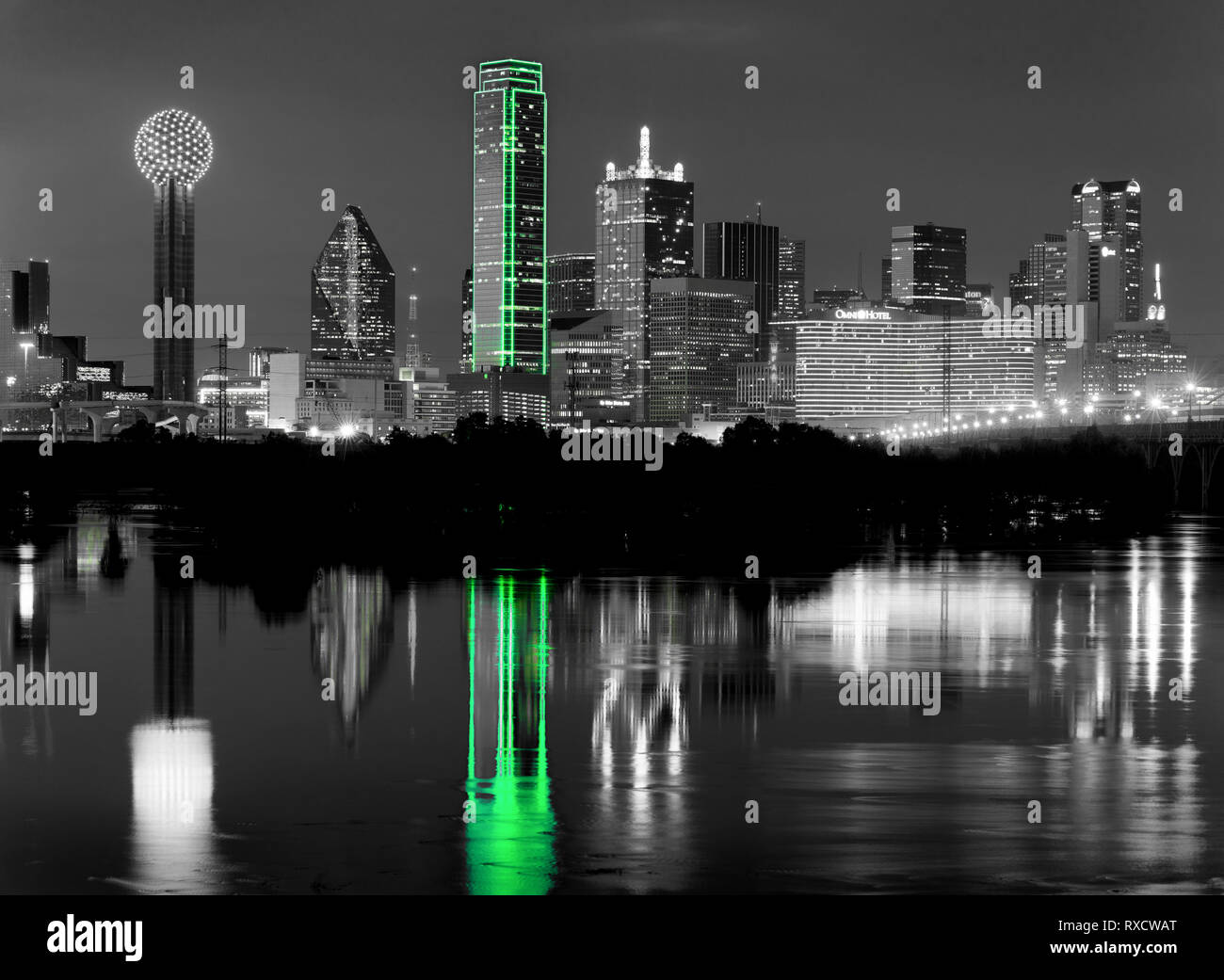 Dallas Skyline and Reflection on the Trinity River - 031119 Stock Photo