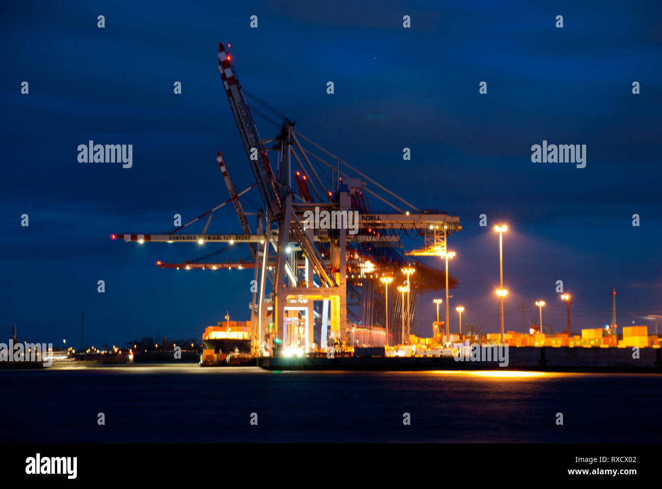 Container terminal "Tollerort" in the port of Hamburg (Germany) during blue hour Stock Photo