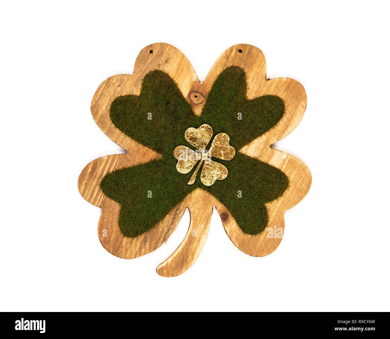Decorated St Patricks day shamrock clover leaf isolated on a white background. Stock Photo