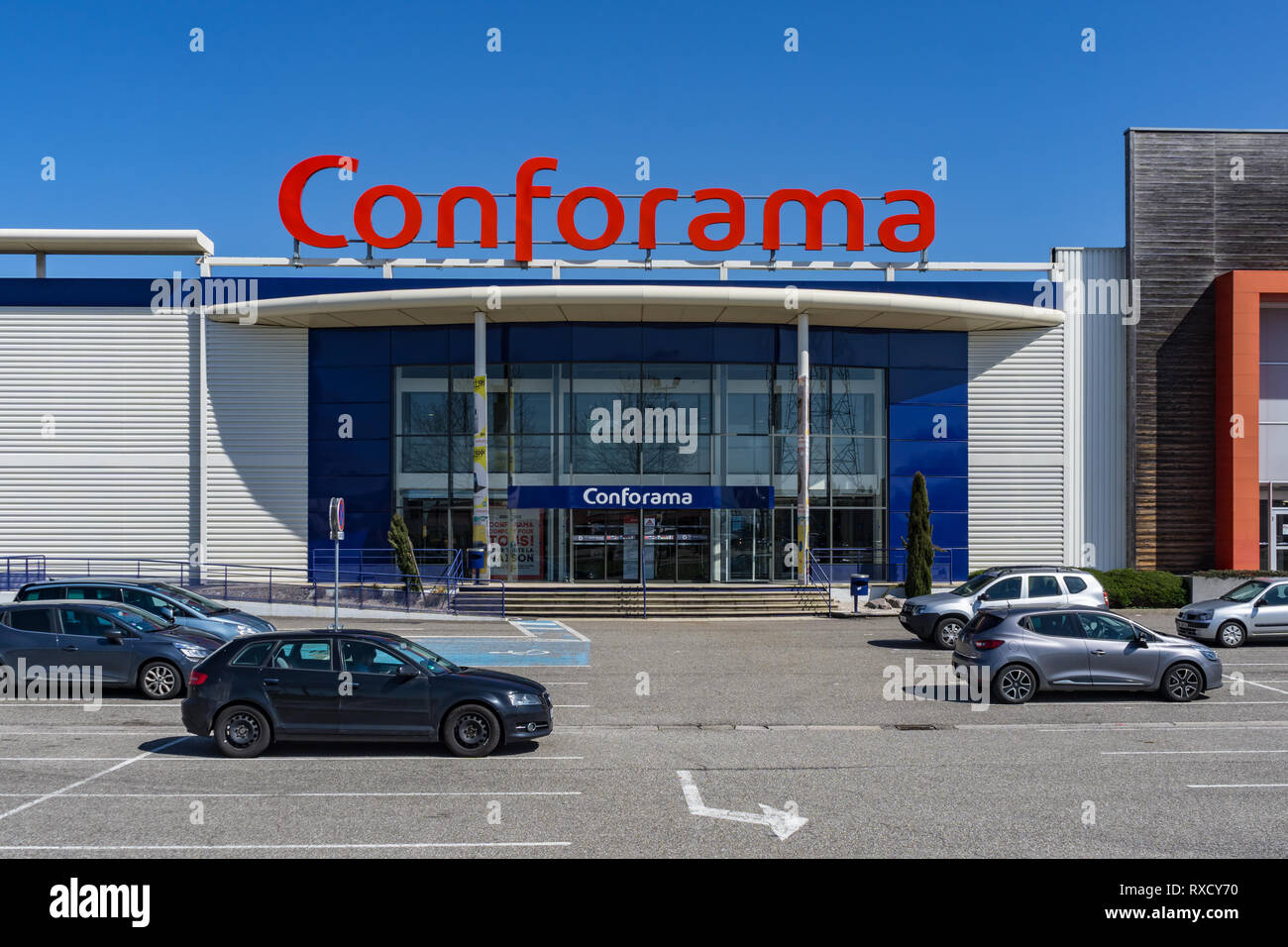 Conforama shop entrance and parking located in Vendenheim, near Strasbourg, France. Conforama is specialized in house equipment like furnitures or app Stock Photo