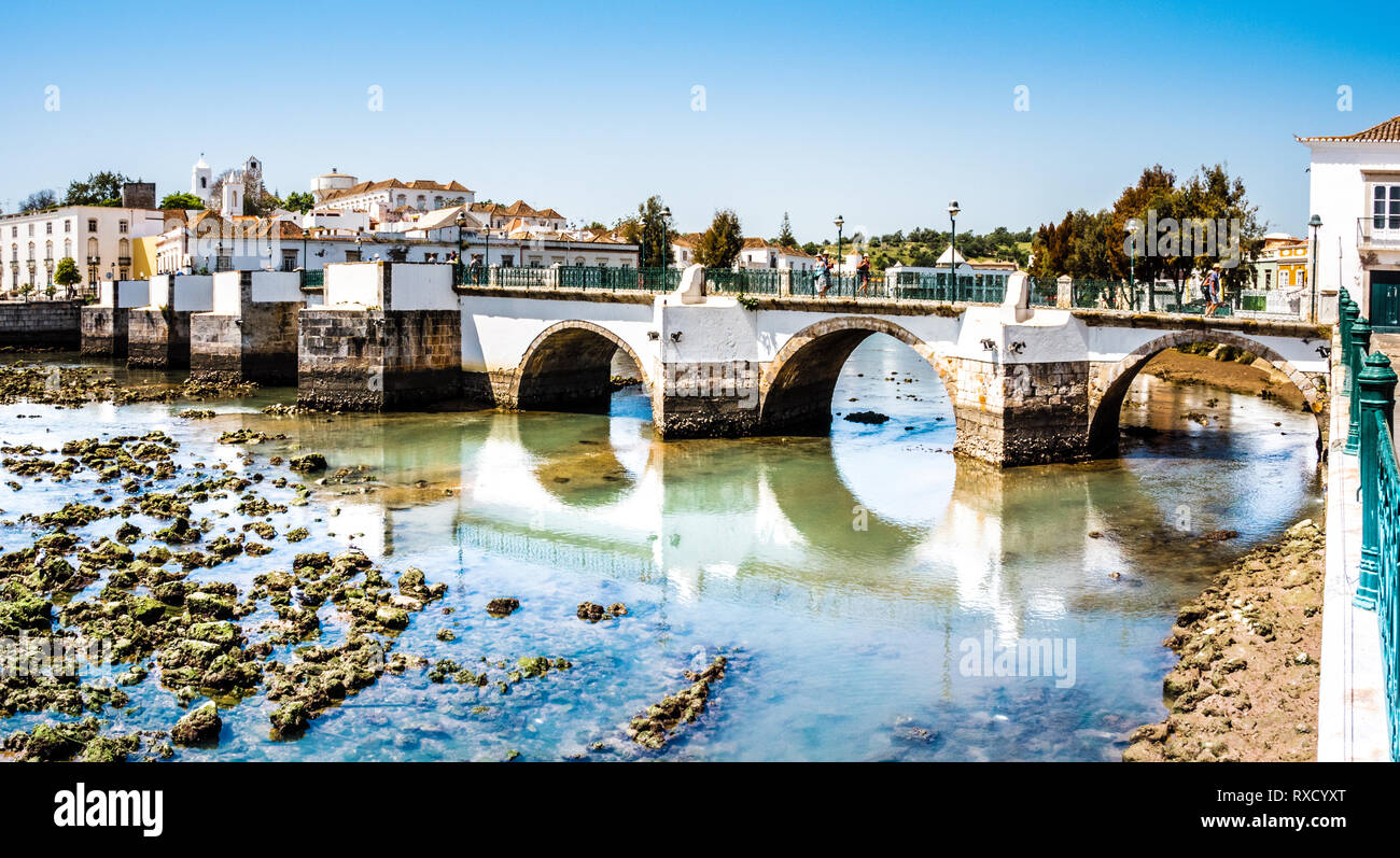 historical bridge in Tavira, Algarve, Portugal, Europe Stock Photo