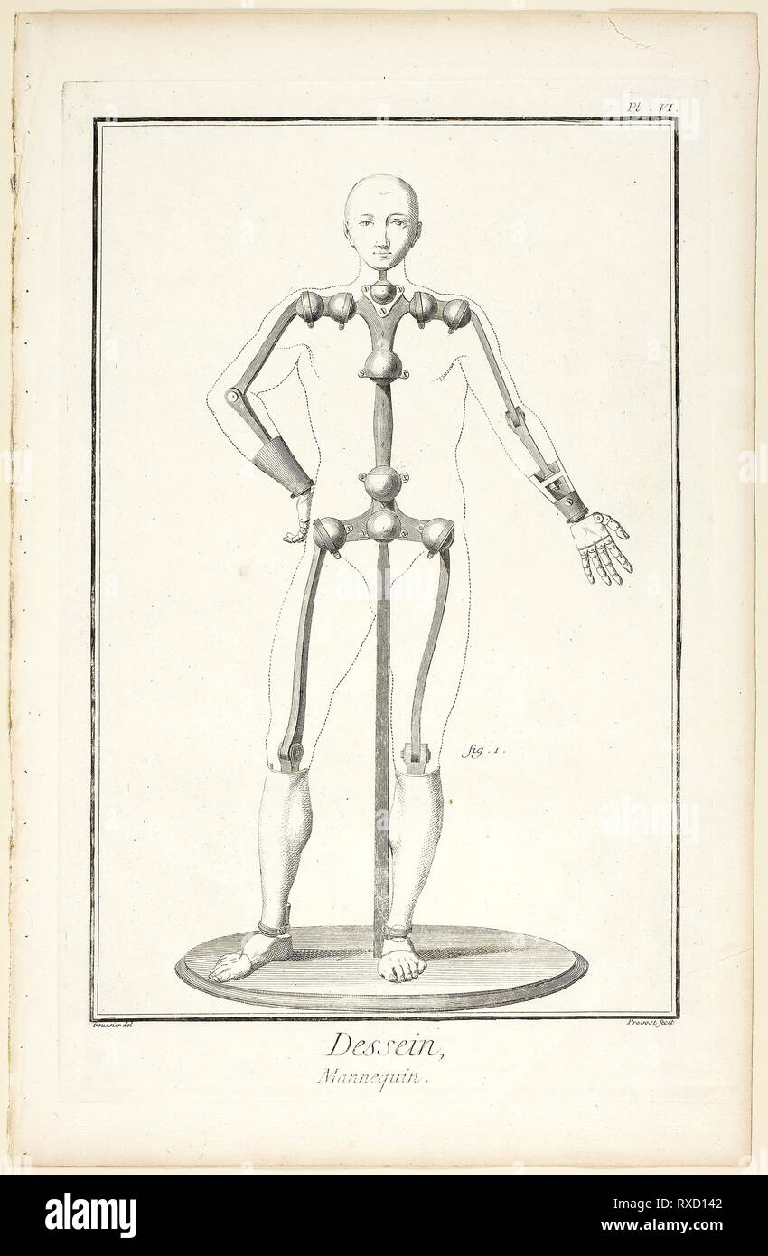 Design: Mannequin, from Encyclopédie. Benoît-Louis Prévost (French, c. 1735-1809); after Louis-Jaques Goussier (French, 1722-1799); published by André le Breton (French, 1708-1779), Michel-Antoine David (French, c. 1707-1769), Laurent Durand (French, 1712-1763), and Antoine-Claude Briasson (French, 1700-1775). Date: 1762-1777. Dimensions: 315 × 205 mm (image); 355 × 228 mm (plate); 400 × 260 mm (sheet). Etching, with engraving, on cream laid paper. Origin: France. Museum: The Chicago Art Institute. Stock Photo