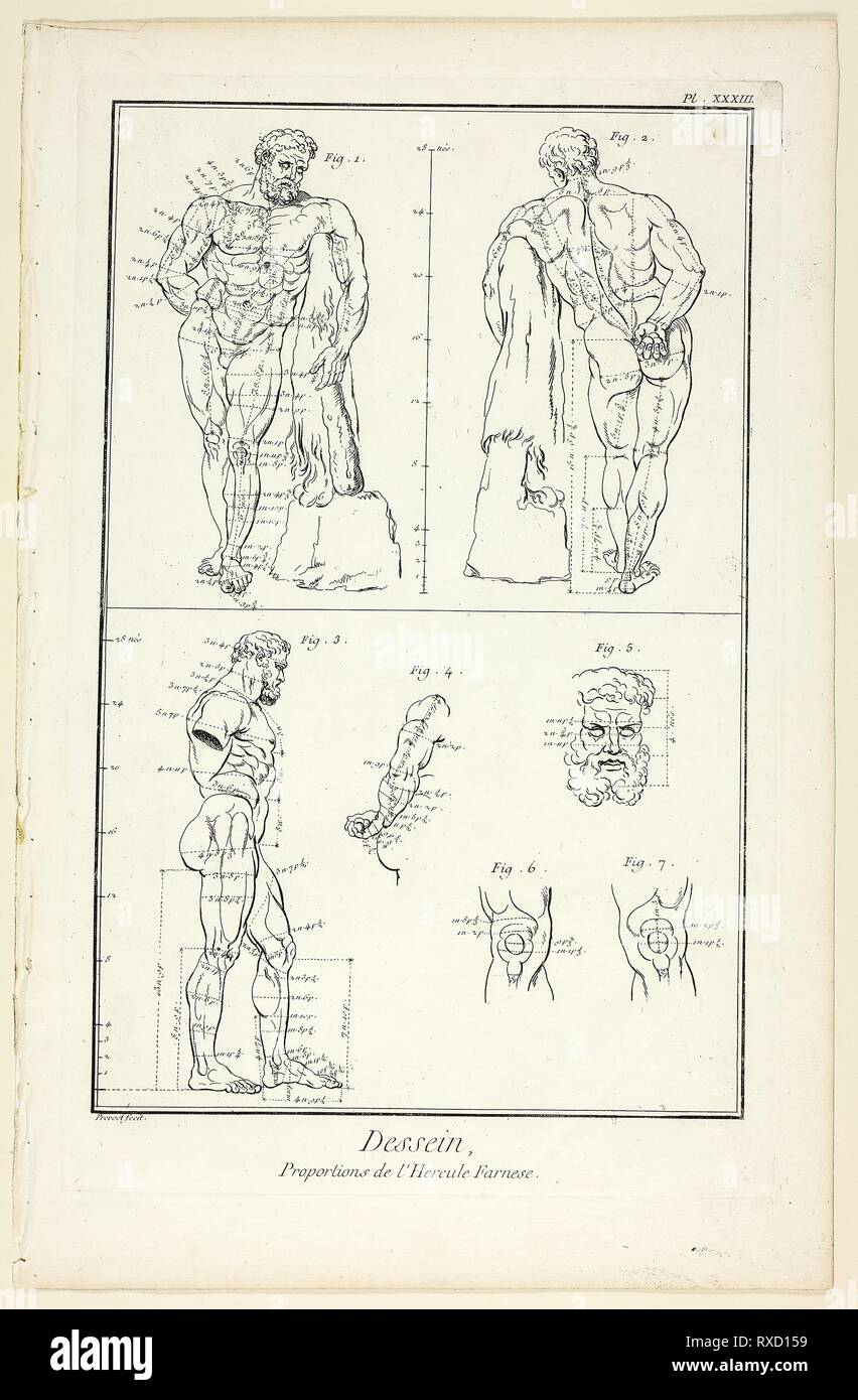Design: Proportions of the Farnese Hercules, from Encyclopédie. Benoît-Louis Prévost (French, c. 1735-1809); published by André le Breton (French, 1708-1779), Michel-Antoine David (French, c. 1707-1769), Laurent Durand (French, 1712-1763), and Antoine-Claude Briasson (French, 1700-1775). Date: 1762-1777. Dimensions: 320 × 206 mm (image); 355 × 225 mm (plate); 400 × 260 mm (sheet). Etching, with engraving, on cream laid paper. Origin: France. Museum: The Chicago Art Institute. Stock Photo