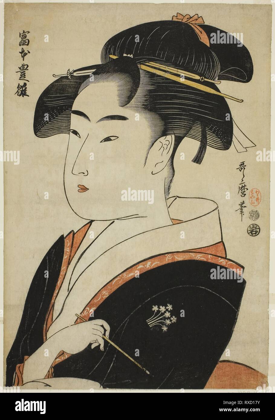 Tomimoto Toyohina, from the series 'Famous Beauties of Edo (Edo komei bijin)'. Kitagawa Utamaro ??? ??; Japanese, 1753 (?)-1806. Date: 1788-1799. Dimensions: 33.6 x 23.3 cm. Color woodblock print; aiban. Origin: Japan. Museum: The Chicago Art Institute. Stock Photo