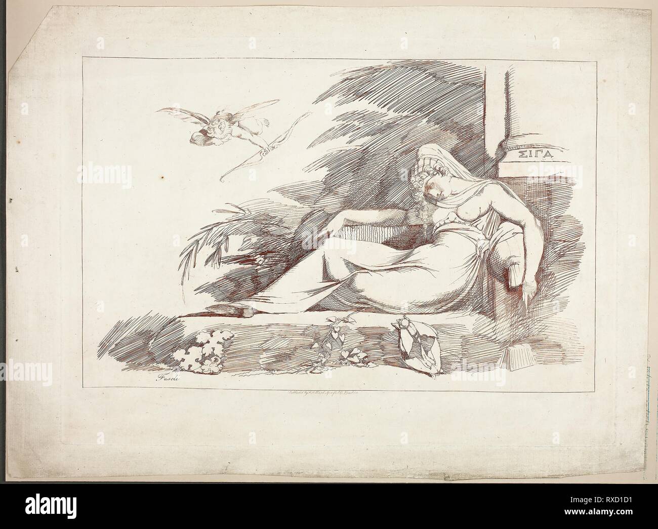 Sleeping Woman with a Cupid. Henry Fuseli (Swiss, active in England, 1741-1825); published by Robert Pollard (British, c. 1755-1838). Date: 1780-1790. Dimensions: 225 × 345 mm (image); 278 × 380 mm (plate); 322 × 433 mm (sheet). Etching in red-brown on ivory laid paper. Origin: England. Museum: The Chicago Art Institute. Stock Photo