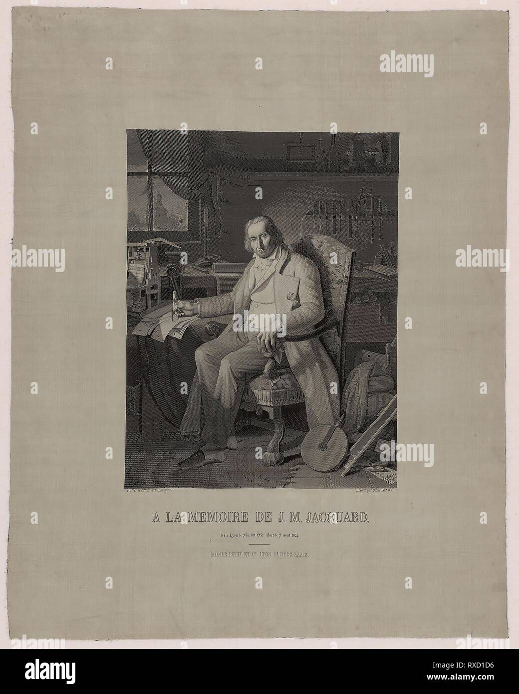 Portrait of Joseph Marie Jacquard (1752-1834). After a painting and engraving by Jean-Claude Bonnefond (French, 1796-1860); Woven by Carquillat (French, 1803-1884); Produced by Didier Petit et Cie; France, Lyon. Date: 1839. Dimensions: 75 x 59.7 cm (29 1/2 x 23 3/8 in.). Silk, plain weave with plain interlacings of secondary binding warps, patterning wefts and self-patterning ground wefts; woven on loom with Jacquard attachment. Origin: Lyon. Museum: The Chicago Art Institute. Stock Photo