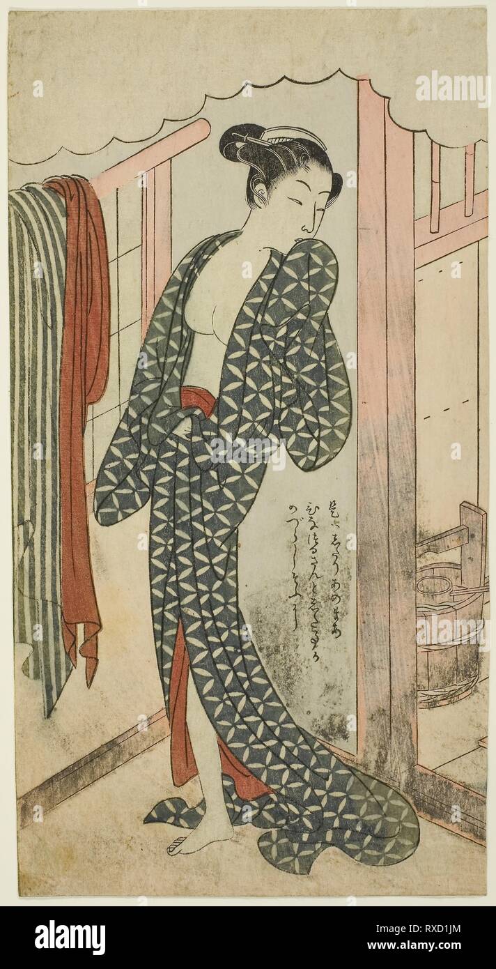 Woman in a Bathhouse. Suzuki Harunobu ?? ??; Japanese, 1725 (?)-1770. Date: 1764-1770. Dimensions: 8 1/2 x 4 1/2 in. Color woodblock print; cut from chuban sheet. Origin: Japan. Museum: The Chicago Art Institute. Stock Photo