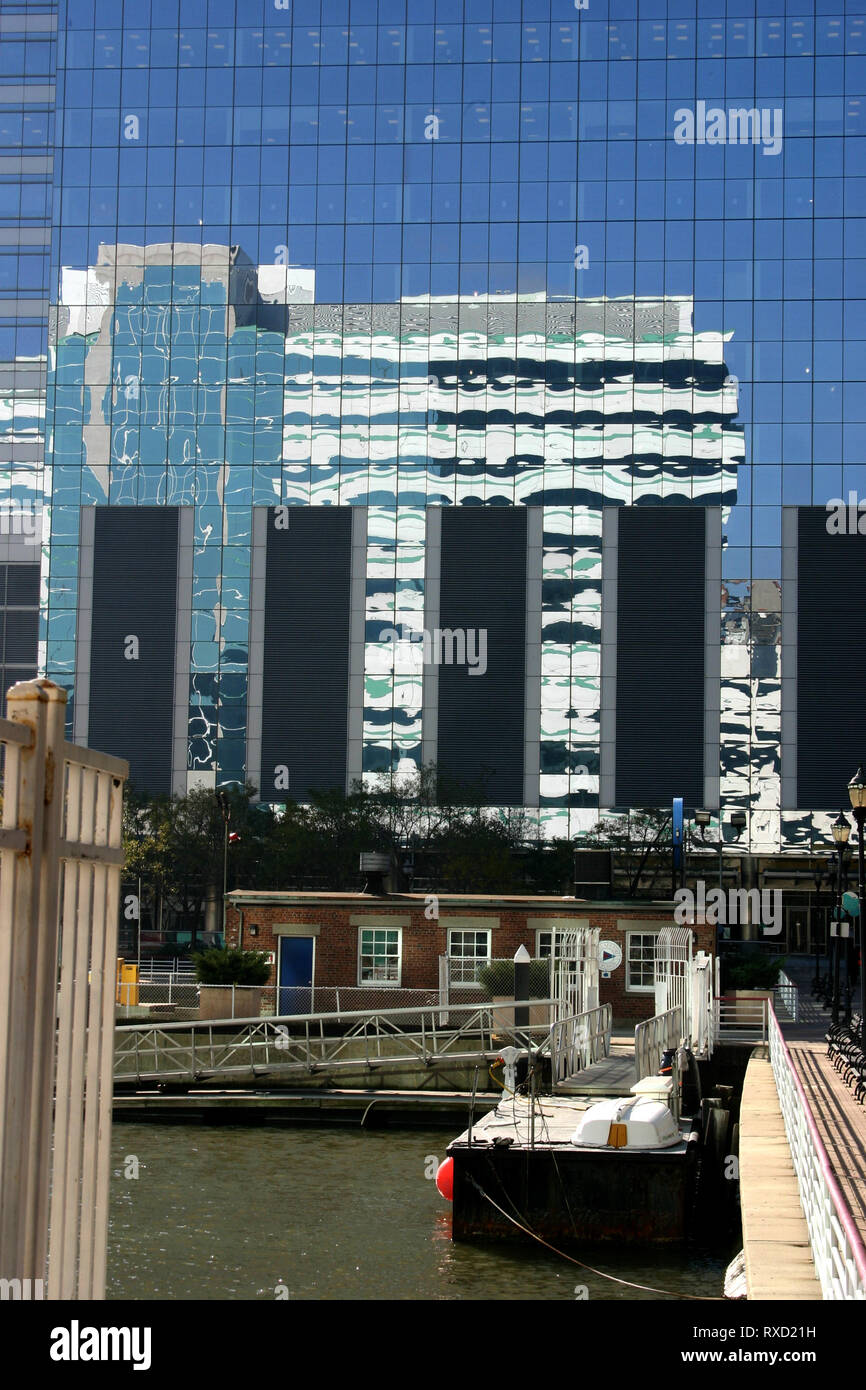 Hudson River waterfront walkway in Newport, NJ, USA. View of Newport