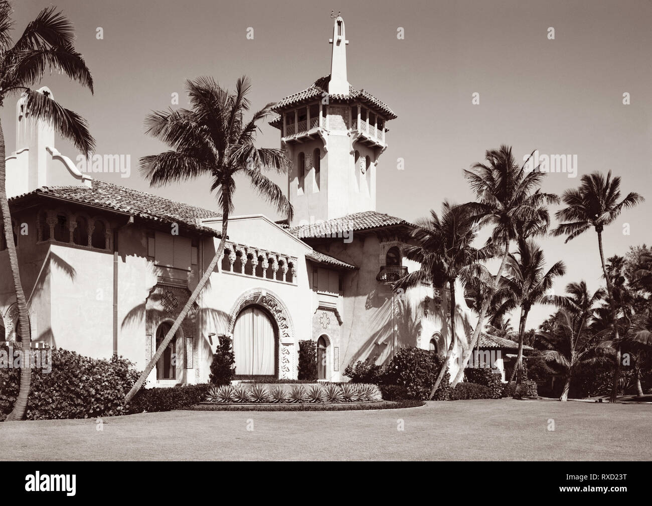 Mar-a-Lago (Spanish for 'Sea-to-Lake') was the former estate of Marjorie Merriweather Post and is the 'Winter White House' and personal residence of US President Donald Trump in Palm Beach, Florida. The 62,500 square-foot home also houses the members-only Mar-a-Lago Club. Built between 1924 and 1927, the estate stretches from the Intracoastal Waterway (Lake Worth) to the Atlantic Ocean on the barrier island of Palm Beach. Stock Photo