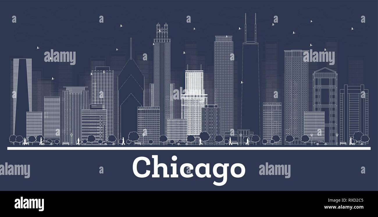 Outline Chicago Illinois City Skyline with White Buildings. Vector Illustration. Business Travel