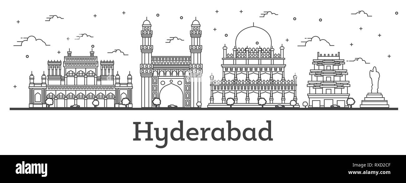 Outline Hyderabad India City Skyline with Historical Buildings Isolated on White. Vector Illustration. Hyderabad Cityscape with Landmarks. Stock Vector