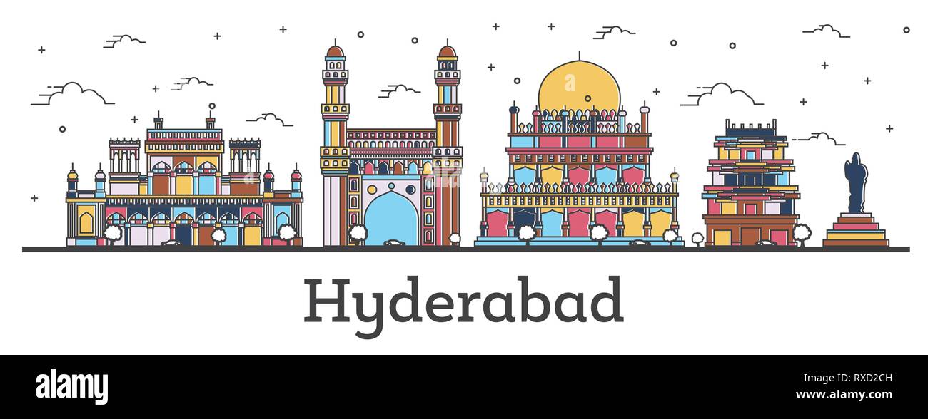 Outline Hyderabad India City Skyline with Color Buildings Isolated on White. Vector Illustration. Hyderabad Cityscape with Landmarks. Stock Vector