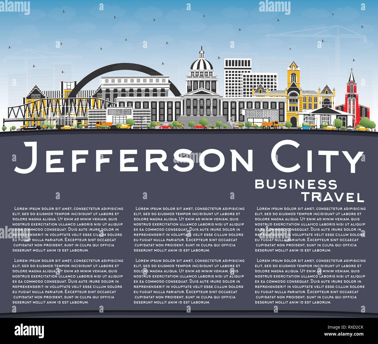 Jefferson City Missouri Skyline with Color Buildings, Blue Sky and Copy