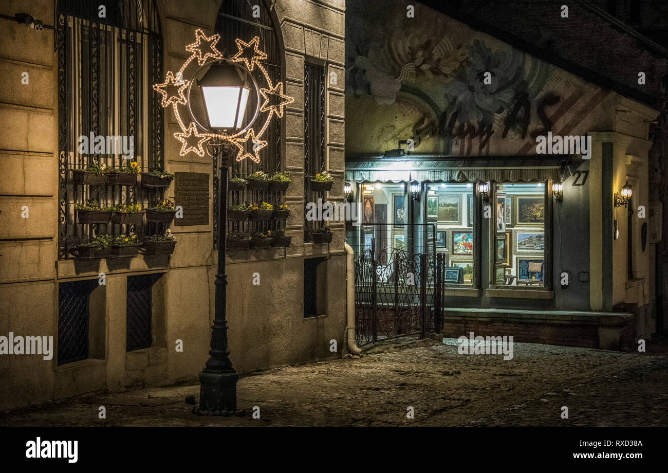 Belgrade, Serbia – November 18th, 2016: The famous bohemian street in Belgrade, Skadarlija, by Night Stock Photo