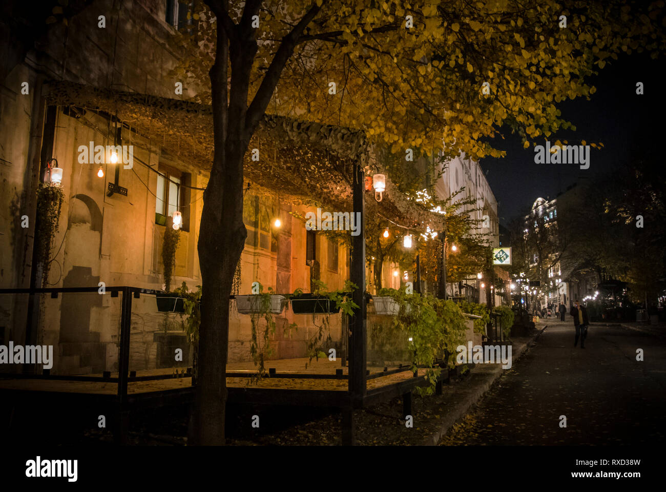 Belgrade, Serbia – November 11th, 2016: The famous bohemian street in Belgrade, Skadarlija, by Night Stock Photo