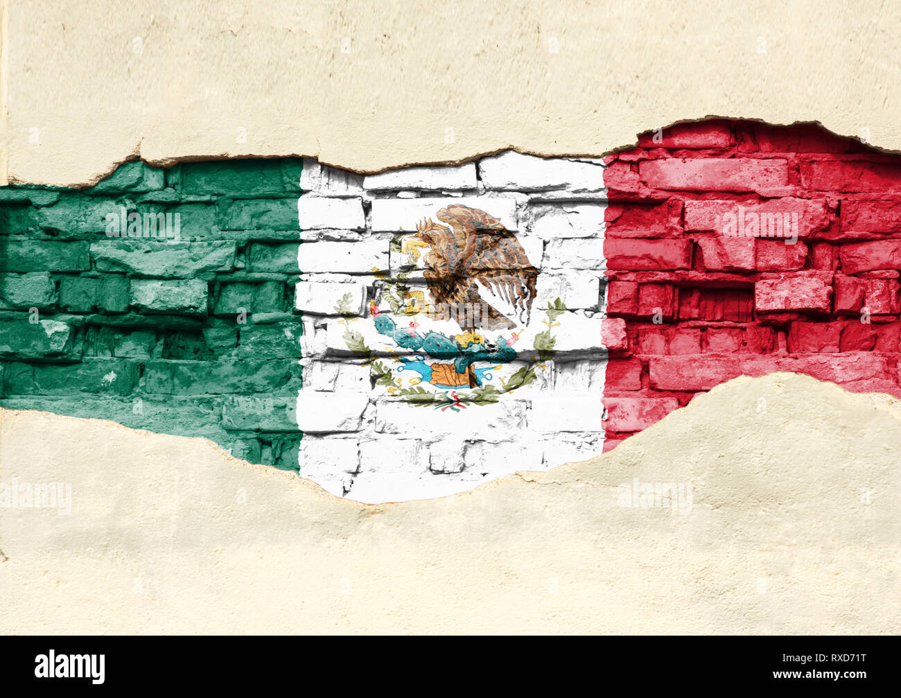 National flag of Mexico on a brick background. Brick wall with ...
