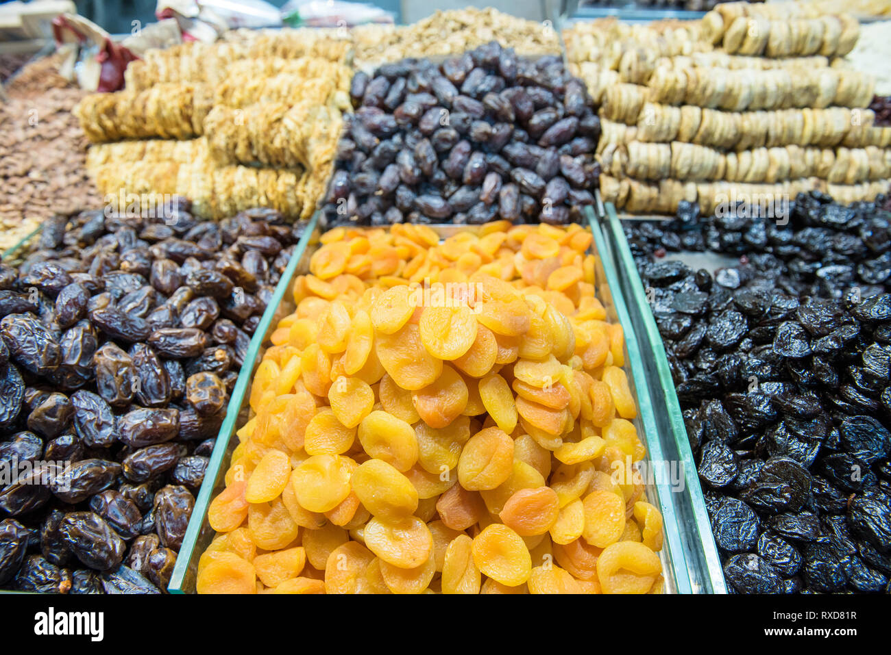 Collection of various dried fruits in the oriental market Stock Photo