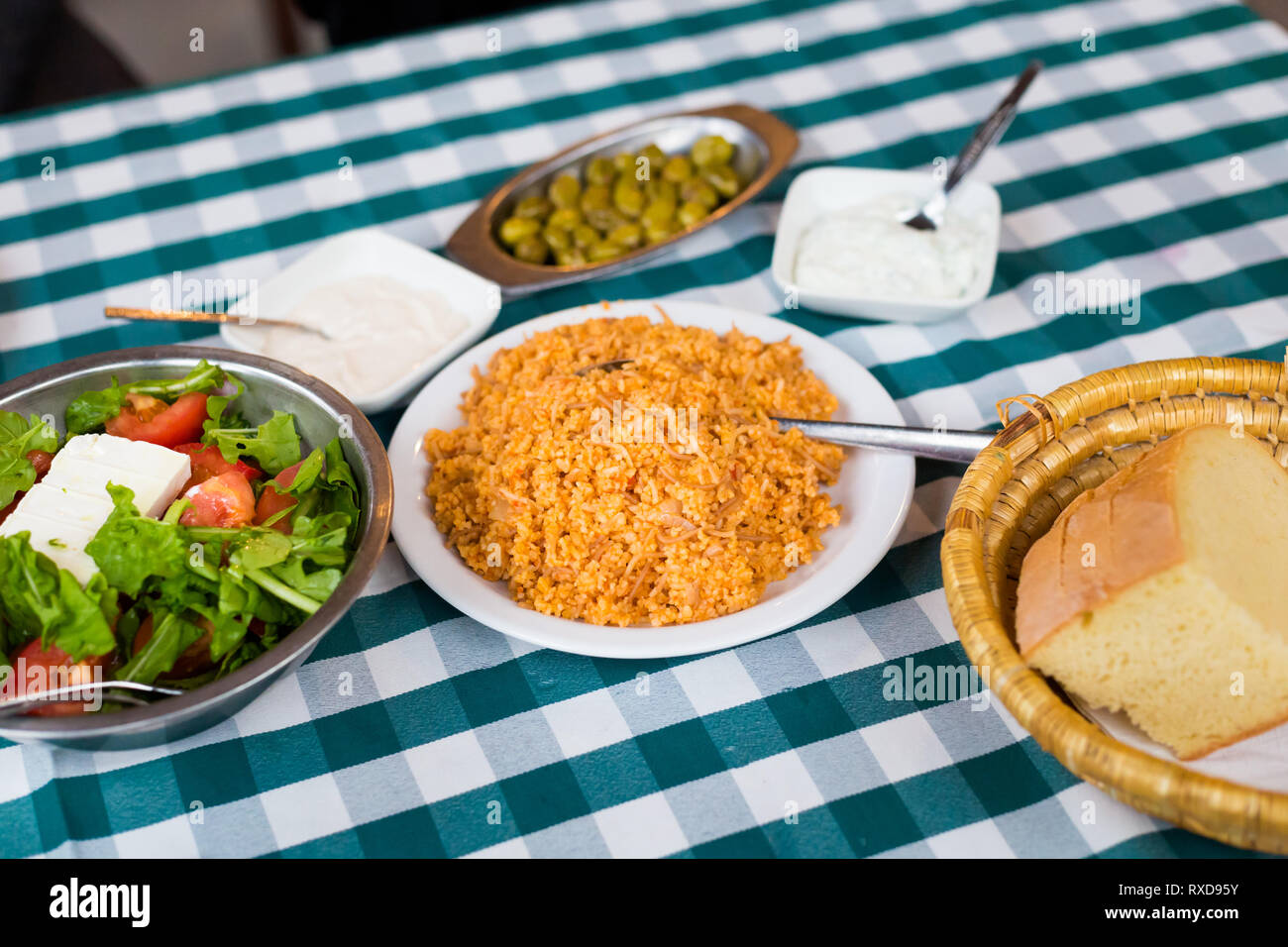 Food selection  in local restaurant in Larnaca. Traditional cypriot meze food on Cyprus island. Stock Photo