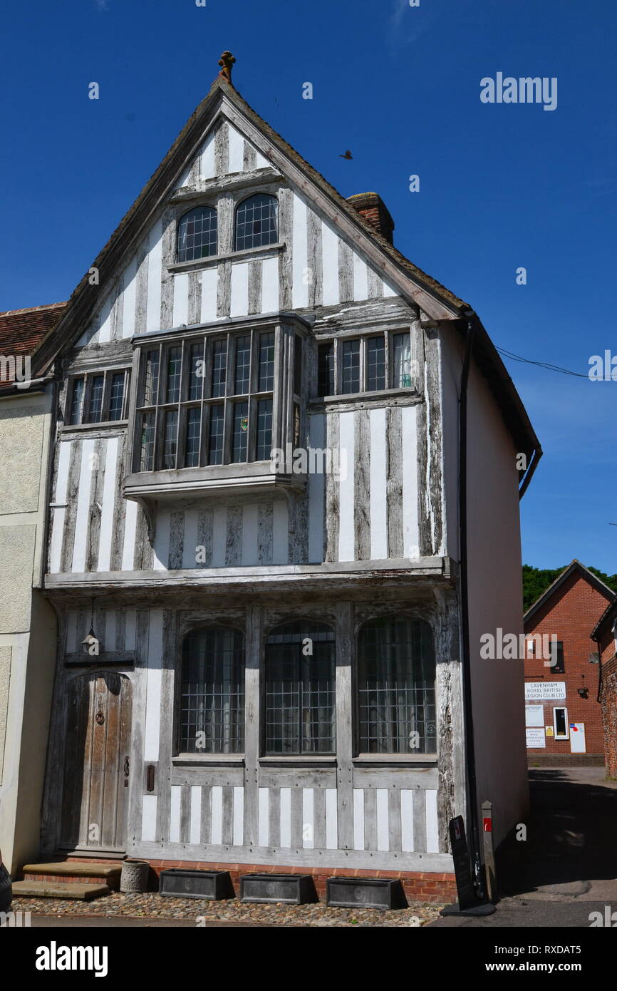 Historic Tudor half-timbered buildings in Lavenham, Suffolk, UK. Sunny day. Stock Photo