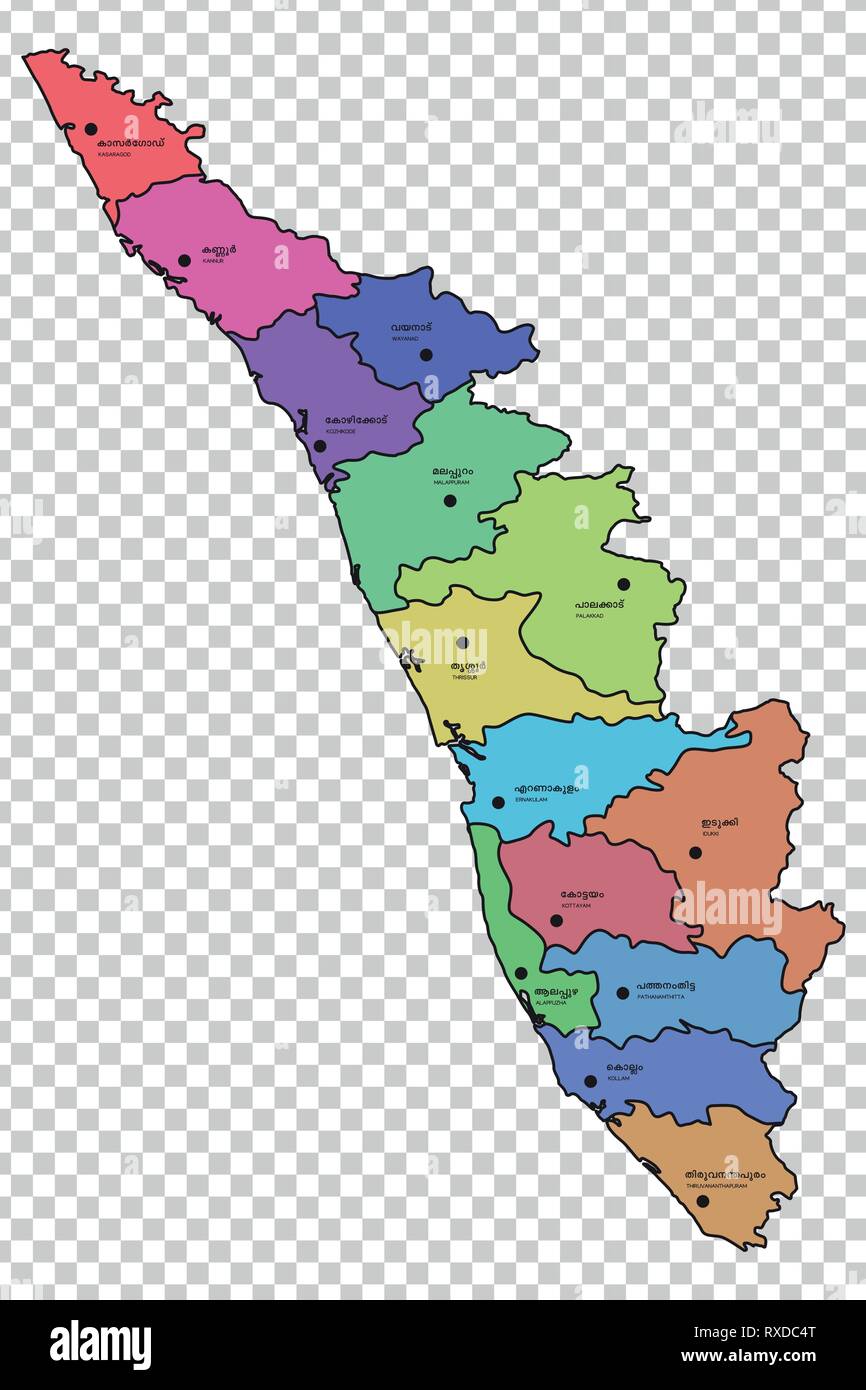 Kerala map with districts highlighted Stock Vector