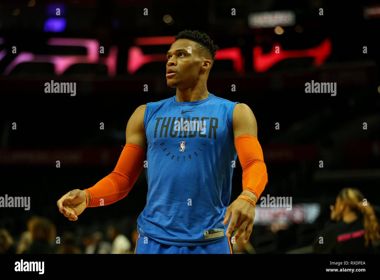 Los Angeles, CA, USA. 8th Mar, 2019. Oklahoma City Thunder guard Russell Westbrook #0 before the Oklahoma City Thunder vs Los Angeles Clippers at Staples Center on March 8, 2019. (Photo by Jevone Moore) Credit: csm/Alamy Live News Stock Photo