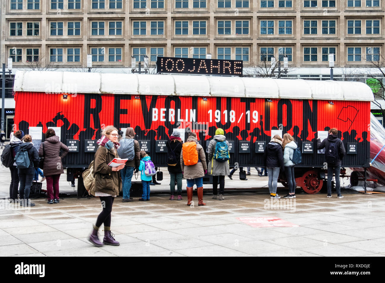 Berlin, Germany. 8th Mar 2019.  Exhibition celebrating 100 years of Revolution 1918-1919 using placards, information towers and a mobile furniture van to document historical events. During the November revolution furniture vans were used as barricades and a historic furniture van is a central element of this winter exhibition theme that documents the event. November 2018 marked the 100th anniversary of the end of the First World War and the November Revolution. Credit: Eden Breitz/Alamy Live News Stock Photo
