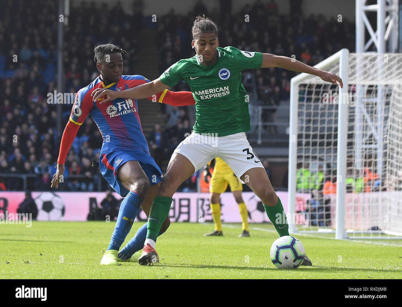 London, UK. 9th Mar, 2019. Aaron Wan-Bissaka of Palace and Bernando Fernandes da Silva Junior of Brighton pictured during the 2018/19 Premier League game between Crystal Palace FC and Brighton & Hove Albion at Selhurst Park. Editorial use only, licence required for commercial use. No use in Betting, games or a single club/league/player publication. Credit: Cosmin Iftode/Alamy Live News Stock Photo