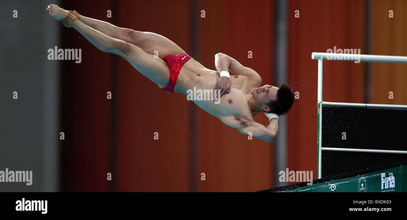 Beijing, China. 9th Mar, 2019. Chen Aisen of China competes during the men's 10m platform final at the FINA Diving World Series 2019 at the National Aquatics Center in Beijing, capital of China, March 9, 2019. Credit: Luo Yuan/Xinhua/Alamy Live News Stock Photo