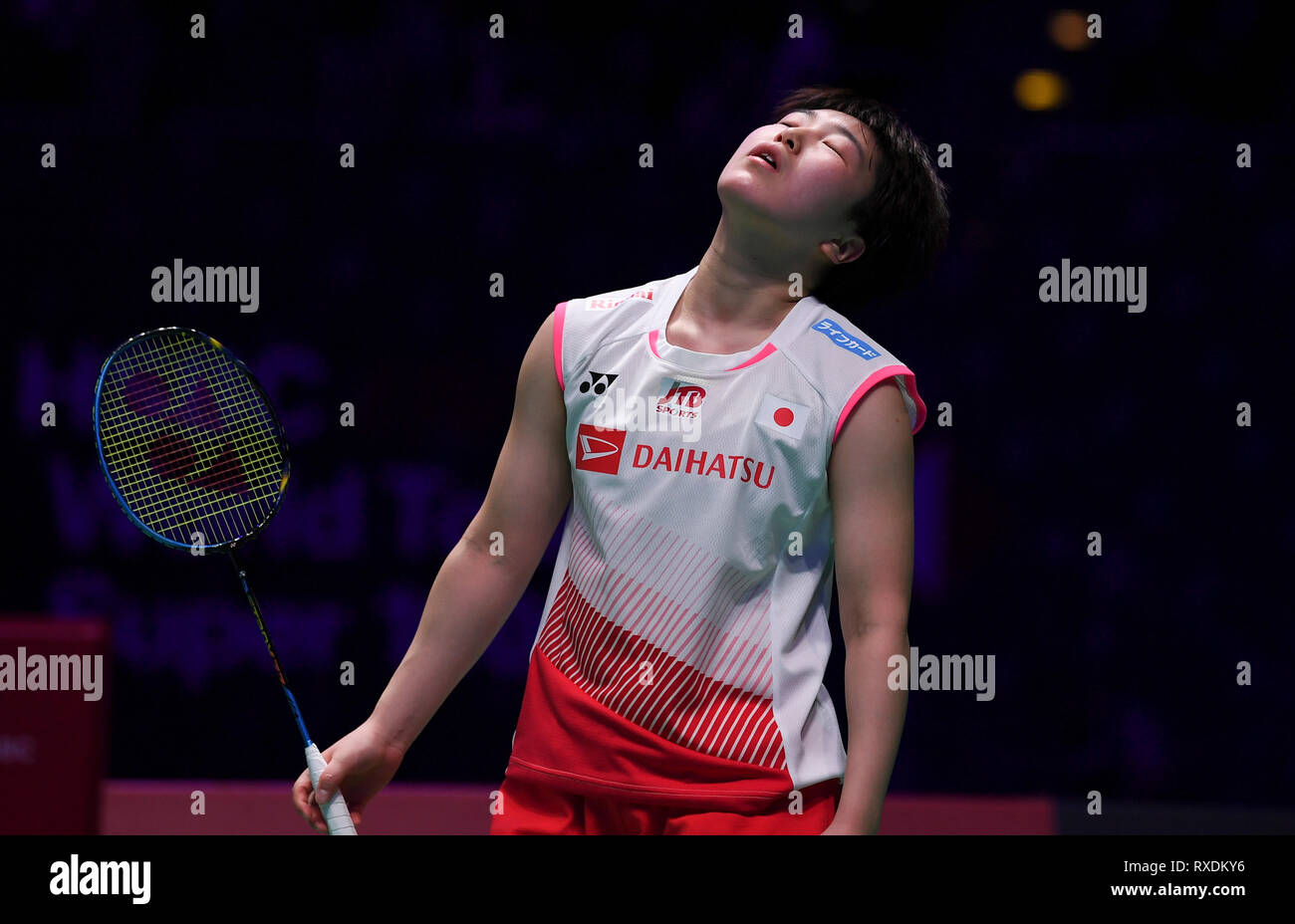 Arena Birmingham, Birmingham, UK. 9th Mar, 2019. Yonex All England Open Badminton Championships, day 4; womens singles match, TAI Tzu Ying of Chinese Taipei versus Akane YAMAGUCHI of Japan; frustration for Akane YAMAGUCHI of Japan Credit: Action Plus Sports/Alamy Live News Stock Photo