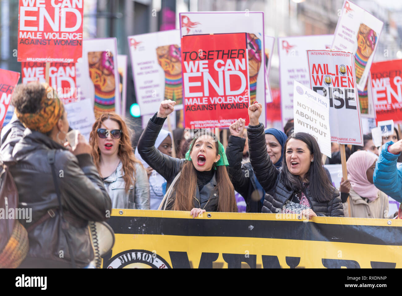 Million Women Rise protest march. Thousands of women and children marched through London from Oxford Street to Trafalgar Square to raise awareness of male violence towards women and to celebrate resistance and