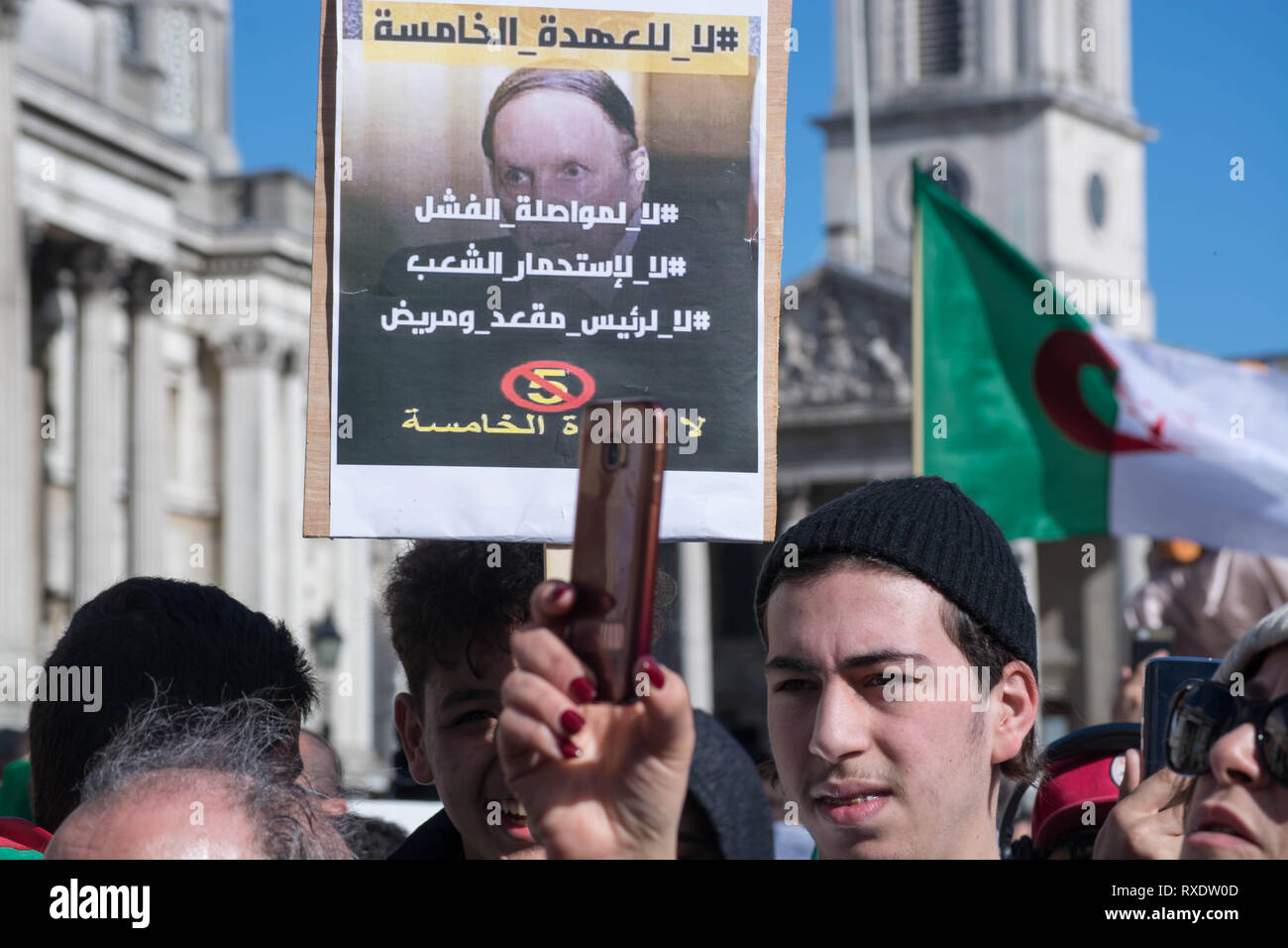 London, UK. 09th March, 2019. Saturday the 9th of march, 1pm Trafalgar square .london UK Algiers, has had its biggest street demonstrations in over a decade in recent days as crowds protested against Abdelaziz Bouteflika seeking a fifth term as president after 20 years in power. today london based Algerian community also stood in solidarity with protesters at home as the regime has blanked all media coverage in Algeria, and police authority have acted with violence against gathered demonstrators, Credit: Philip Robins/Alamy Live News Stock Photo