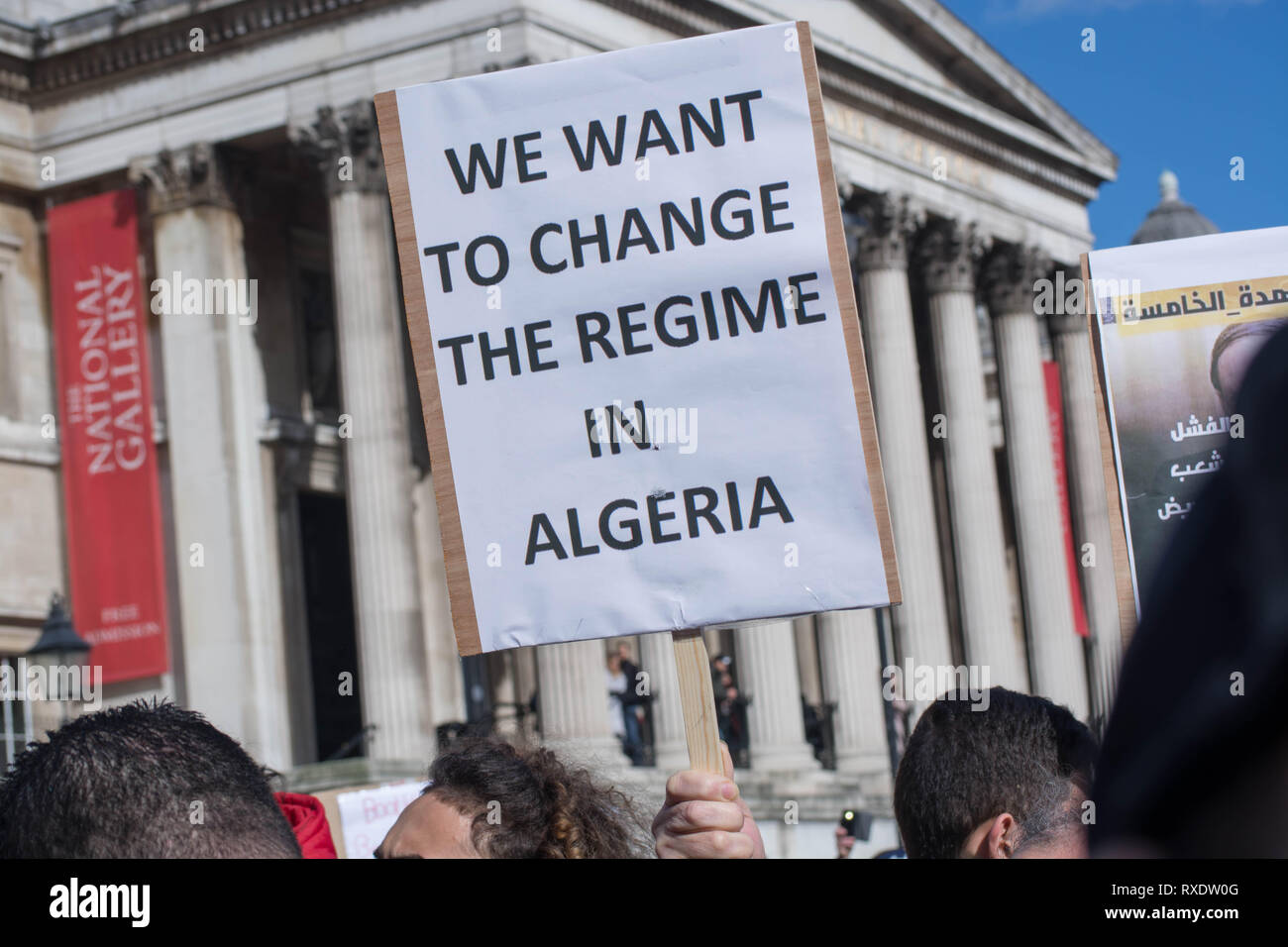 London, UK. 09th March, 2019. Saturday the 9th of march, 1pm Trafalgar square .london UK Algiers, has had its biggest street demonstrations in over a decade in recent days as crowds protested against Abdelaziz Bouteflika seeking a fifth term as president after 20 years in power. today london based Algerian community also stood in solidarity with protesters at home as the regime has blanked all media coverage in Algeria, and police authority have acted with violence against gathered demonstrators, Credit: Philip Robins/Alamy Live News Stock Photo