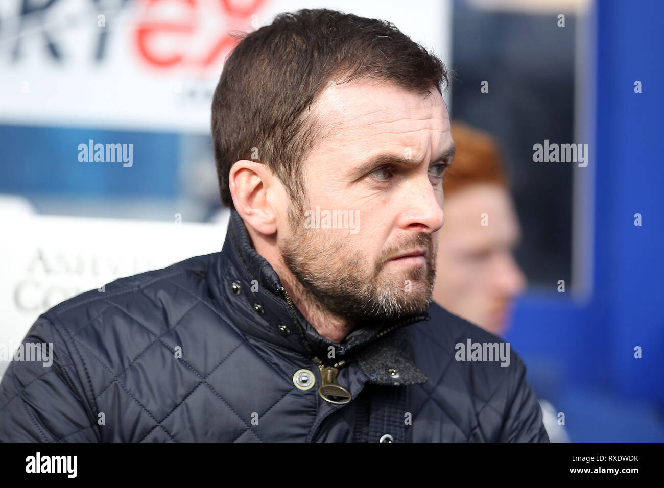 London, UK. 09th Mar, 2019. Stoke City Manager Nathan Jones looks on. EFL Skybet championship match, Queens Park Rangers v Stoke City at Loftus Road Stadium in London on Saturday 9th March 2019. this image may only be used for Editorial purposes. Editorial use only, license required for commercial use. No use in betting, games or a single club/league/player publications. pic by Steffan Bowen/Andrew Orchard sports photography/Alamy Live news Credit: Andrew Orchard sports photography/Alamy Live News Stock Photo