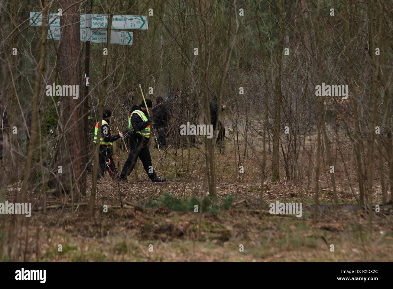 Kummersdorf, Germany. 09th Mar, 2019. Policemen in the forest in search for missing Rebecca from Berlin. Also on the third day in a row searches a hundred of police with helicopters and detection dogs in a large forest southeast of Berlin after the 15-year-old Rebecca R. Credit: SAO Struck/Alamy Live News Stock Photo