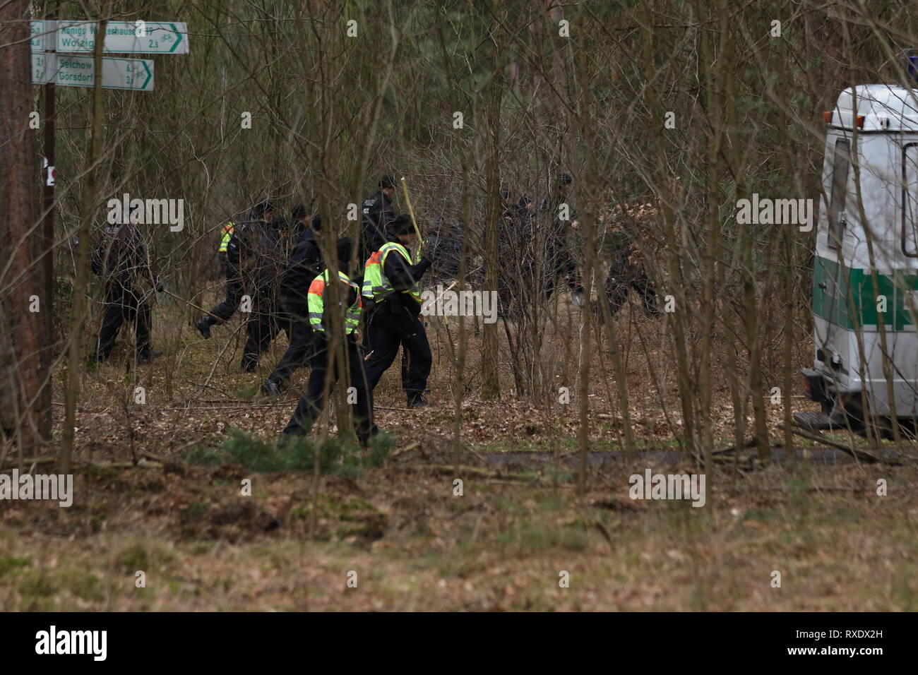 Kummersdorf, Germany. 09th Mar, 2019. Policemen in the forest in search for missing Rebecca from Berlin. Also on the third day in a row searches a hundred of police with helicopters and detection dogs in a large forest southeast of Berlin after the 15-year-old Rebecca R. Credit: SAO Struck/Alamy Live News Stock Photo