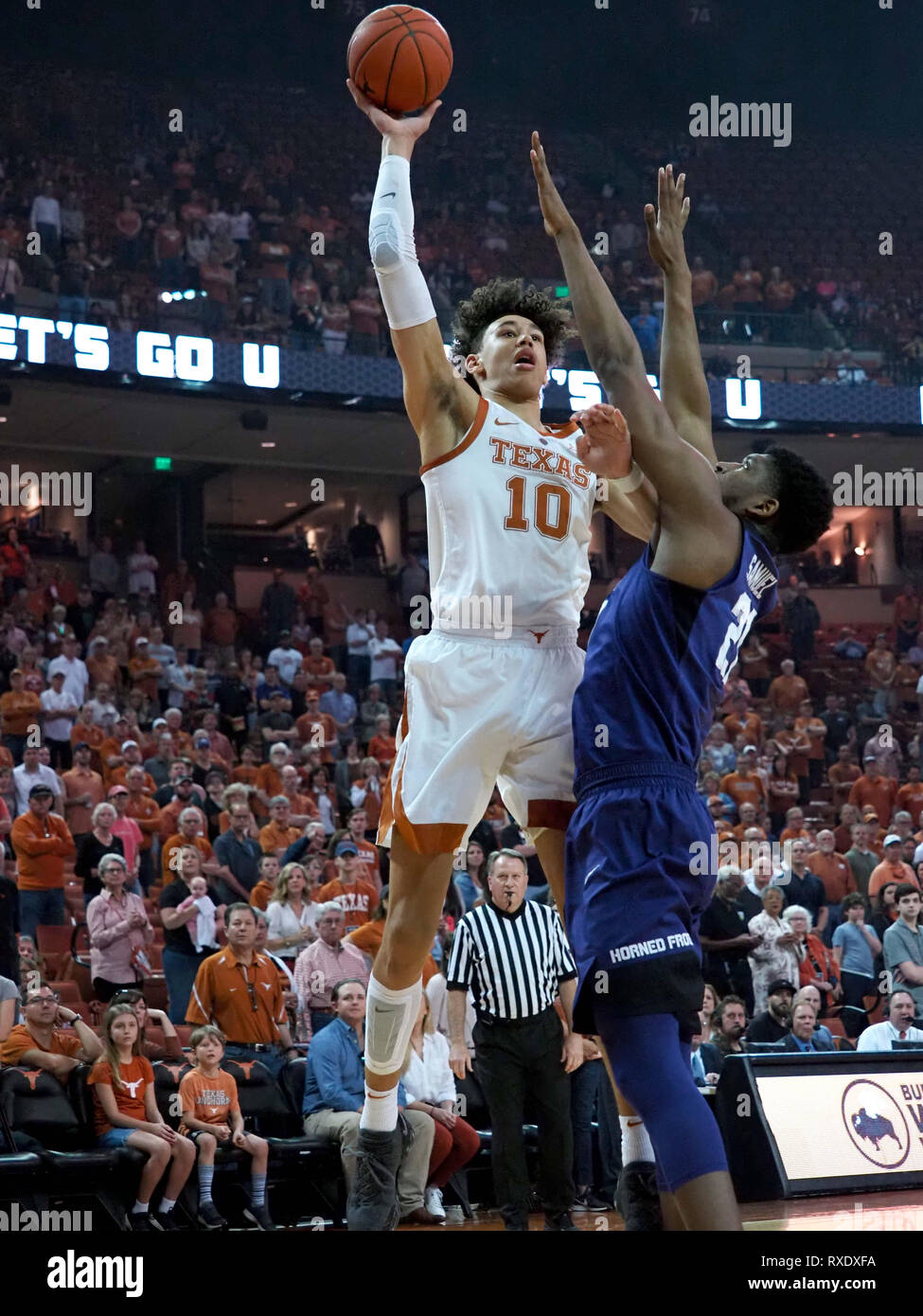 March 9, 2019. Jaxson Hayes #10 of the Texas Longhorns in action vs the TCU Horned Frogs at the Frank Erwin Center in Austin Texas. TCU beats Texas 69-54.Robert Backman/Cal Sport Media. Stock Photo