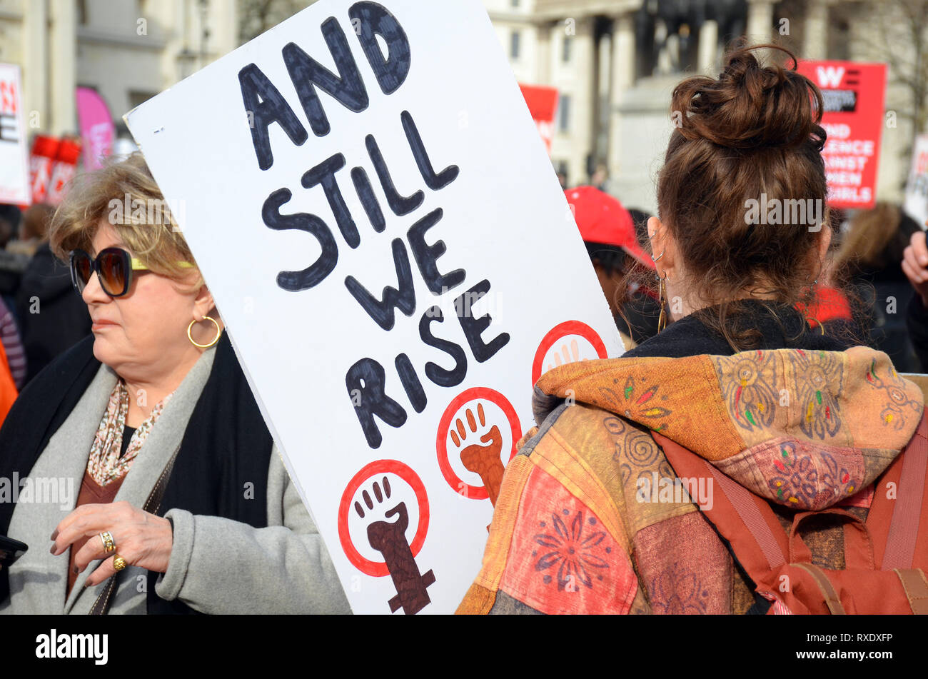 London, UK. 9th Mar, 2019. Million women march in Trafalgar Square following Women's Day. Credit: JOHNNY ARMSTEAD/Alamy Live News Stock Photo