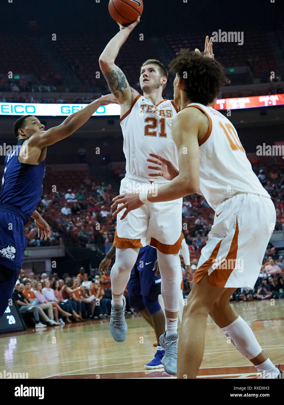 March 9, 2019. Dylan Osetkowski #21 of the Texas Longhorns in action vs the TCU Horned Frogs at the Frank Erwin Center in Austin Texas. TCU beats Texas 69-54.Robert Backman/Cal Sport Media. Stock Photo