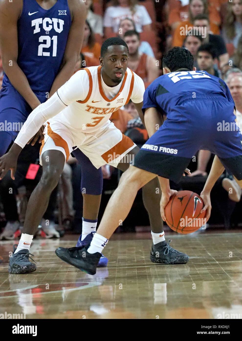 March 9, 2019. Courtney Ramey #3 of the Texas Longhorns in action vs the TCU Horned Frogs at the Frank Erwin Center in Austin Texas. TCU beats Texas 69-54.Robert Backman/Cal Sport Media. Stock Photo