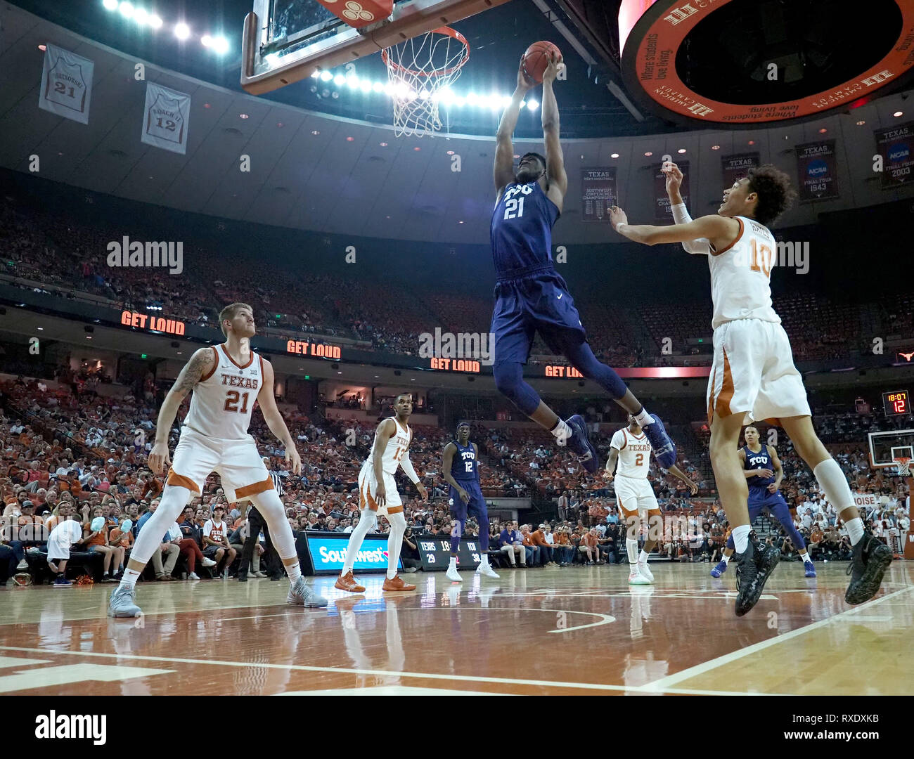 March 9, 2019. Kevin Samuel #21 of the TCU Horned Frogs in action vs the Texas Longhorns at the Frank Erwin Center in Austin Texas. TCU beats Texas 69-54.Robert Backman/Cal Sport Media. Stock Photo