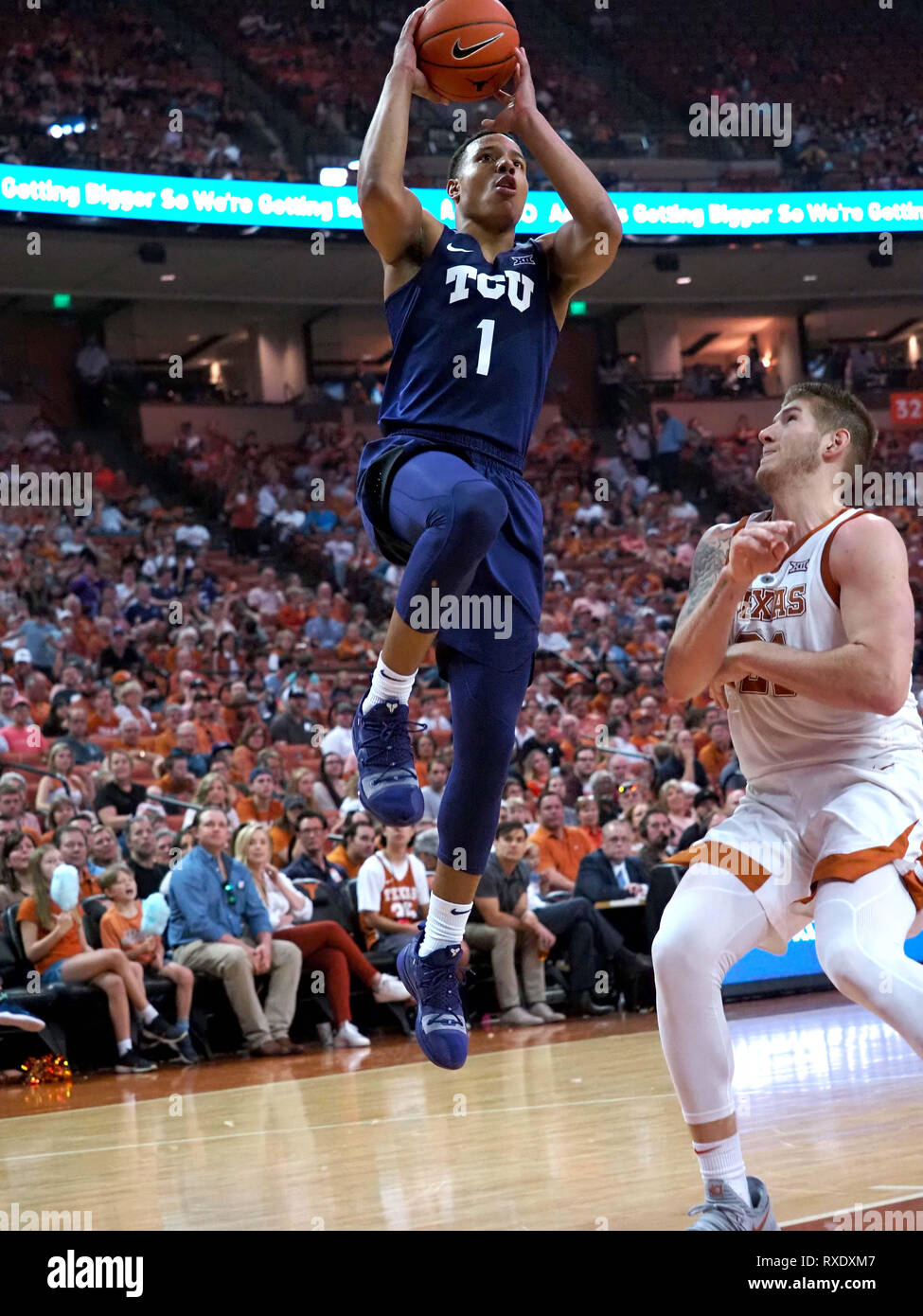 March 9, 2019. Desmond Bane #1 of the TCU Horned Frogs in action vs the Texas Longhorns at the Frank Erwin Center in Austin Texas. TCU beats Texas 69-54.Robert Backman/Cal Sport Media. Stock Photo