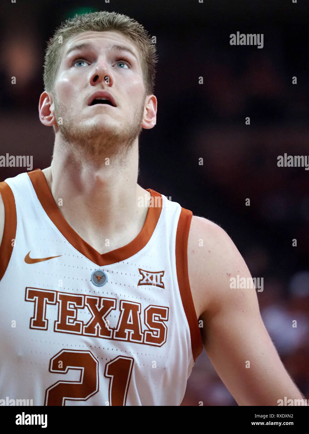 March 9, 2019. Dylan Osetkowski #21 of the Texas Longhorns in action vs the TCU Horned Frogs at the Frank Erwin Center in Austin Texas. TCU beats Texas 69-54.Robert Backman/Cal Sport Media. Stock Photo