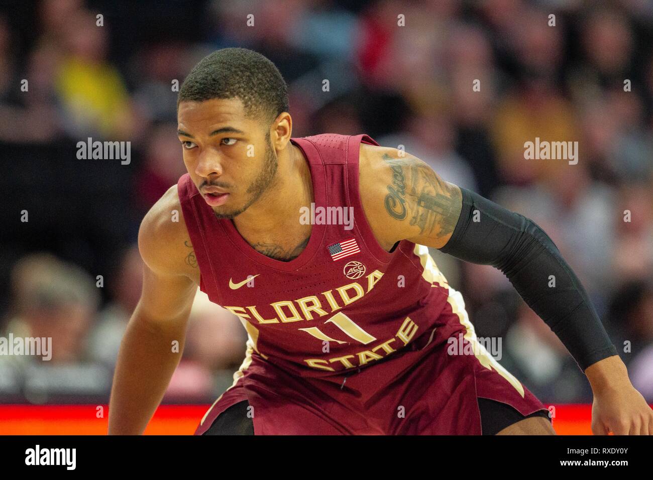 Winston-Salem, NC, USA. 9th Mar, 2019. Florida State Seminoles guard David Nichols (11) in the ACC Basketball matchup at LJVM Coliseum in Winston-Salem, NC. (Scott Kinser/Cal Sport Media) Credit: csm/Alamy Live News Stock Photo