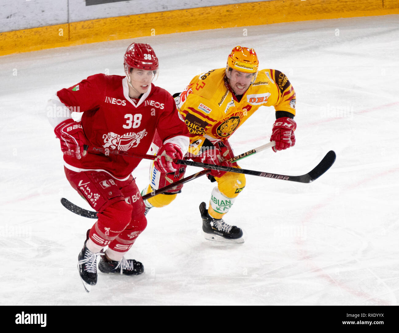 Lausanne, Switzerland. 9th march, 2019. LNA SWISS ICE HOCKEY LAUSANNE HC VS SCL TIGERS- Lausanne Hc Vs HC SCL Tigers at Vaudoise Arena, Lausanne (Play-offs,  Quarter Finals Act I), 09-03-2019. Credit: Eric Dubost/Alamy Live News Stock Photo