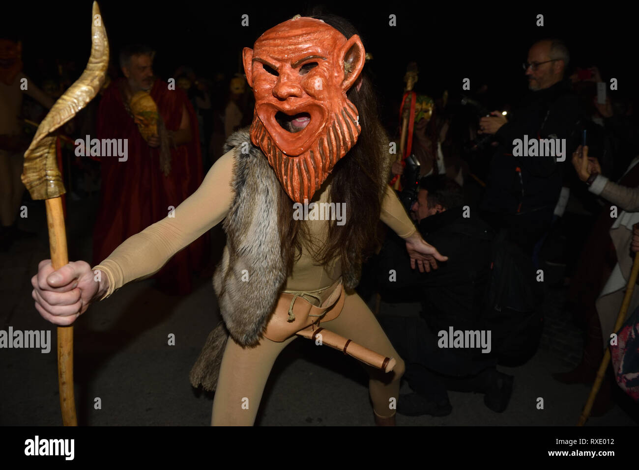 Athens, Greece. 9th Mar 2019. Participants march through the historic center of Athens to celebrate the ancient Greek festival phalliphoria honoring the god of wine, fertility and theater Dionysus in Athens, Greece. Credit: Nicolas Koutsokostas/Alamy Live News. Stock Photo