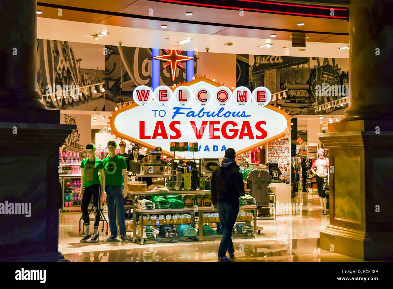 LAS VEGAS, NV, USA - FEBRUARY 2019: Neon sign "Welcome to Fabulous Las Vegas" at the entrance to a souvenir shop inside a shopping mall in Las Vegas. Stock Photo