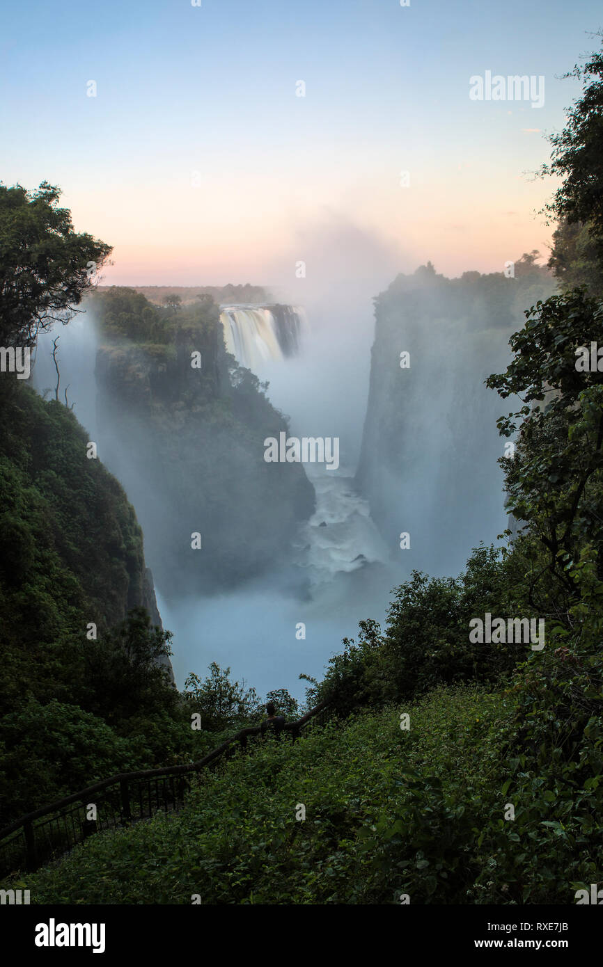 Victoria Falls from the Zimbabwe side at dusk. Stock Photo