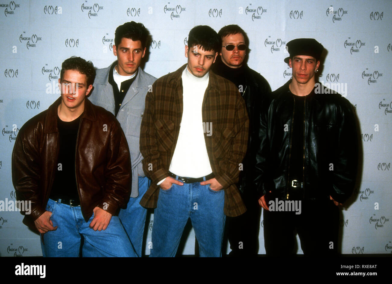LOS ANGELES, CA - FEBRUARY 7: (L-R) Singers Joey McIntyre, Jonathan Knight, Jordan Knight, Donnie Wahlberg and Danny Wood of New Kids on the Block attend the 21st Annual American Music Awards on February 7, 1994 at Shrine Auditorium in Los Angeles, California. Photo by Barry King/Alamy Stock Photo Stock Photo